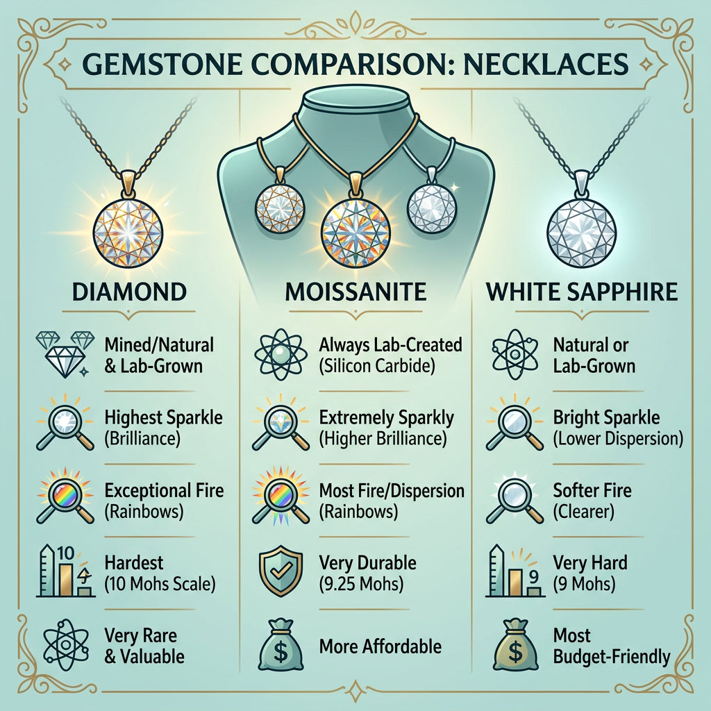 Diamond Necklace vs Moissanite vs White Sapphire | PurpleMay