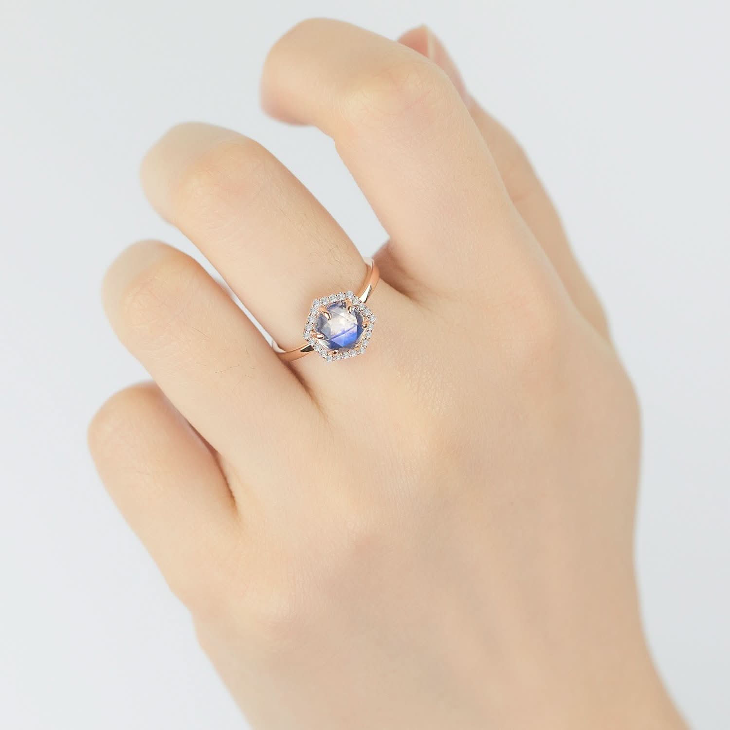 18k Solid Gold Hexagon Moonstone and Diamond Halo Engagement Ring - Melbourne, Australia