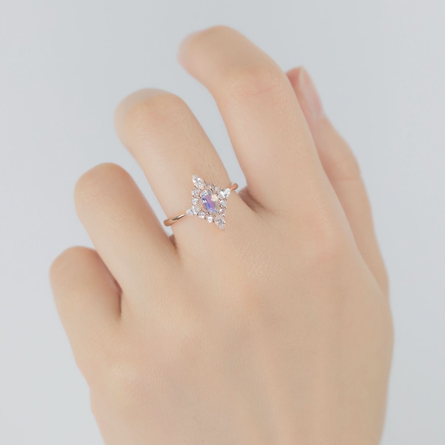 18k Solid Gold Moonstone and White Sapphire Cluster Engagement Ring - Melbourne, Australia