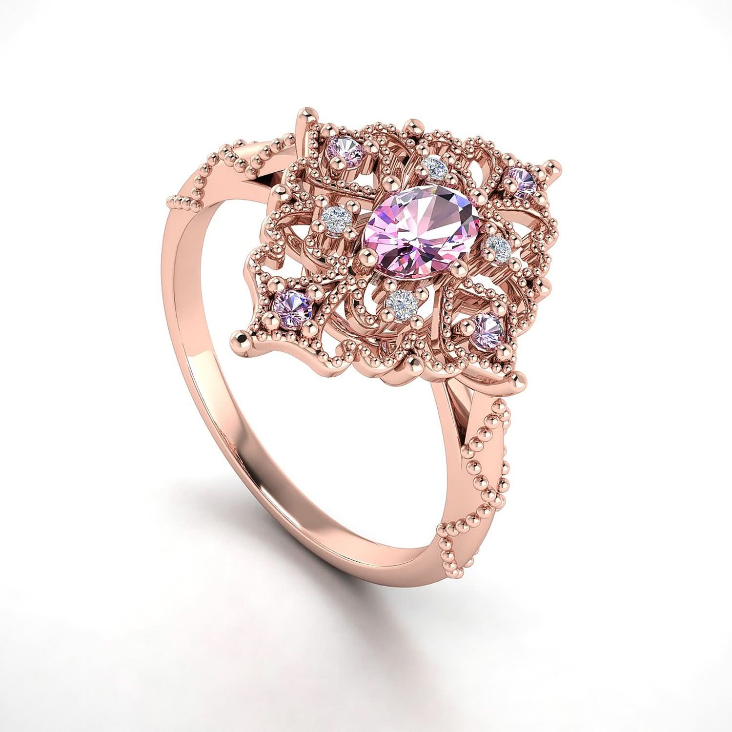 18k Solid Gold Antique Deco Pink Sapphire Diamond Engagement Ring - Melbourne, Australia