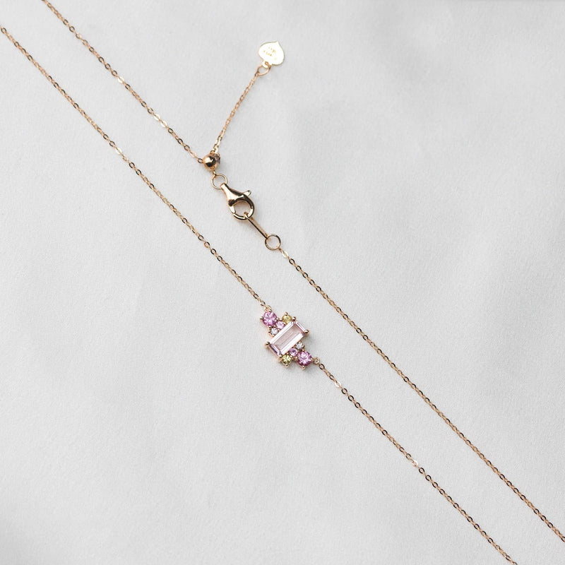 18k Solid Gold Pink Morganite and Sapphires Cluster Necklace - Melbourne, Australia