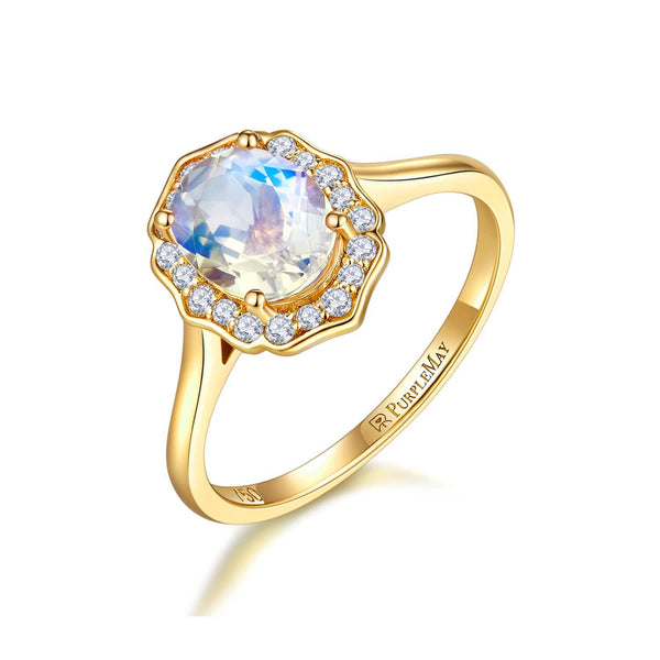 18k Solid Gold Floral Diamond Halo Moonstone Engagement Ring - Melbourne, Australia