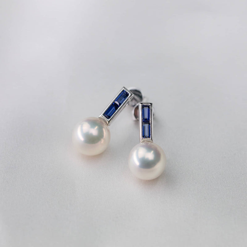 Blue Sapphire Stud Pearl Earrings - Melbourne, Australia