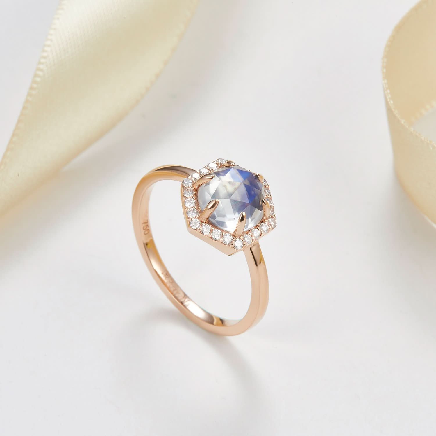 18k Solid Gold Hexagon Moonstone and Diamond Halo Engagement Ring - Melbourne, Australia