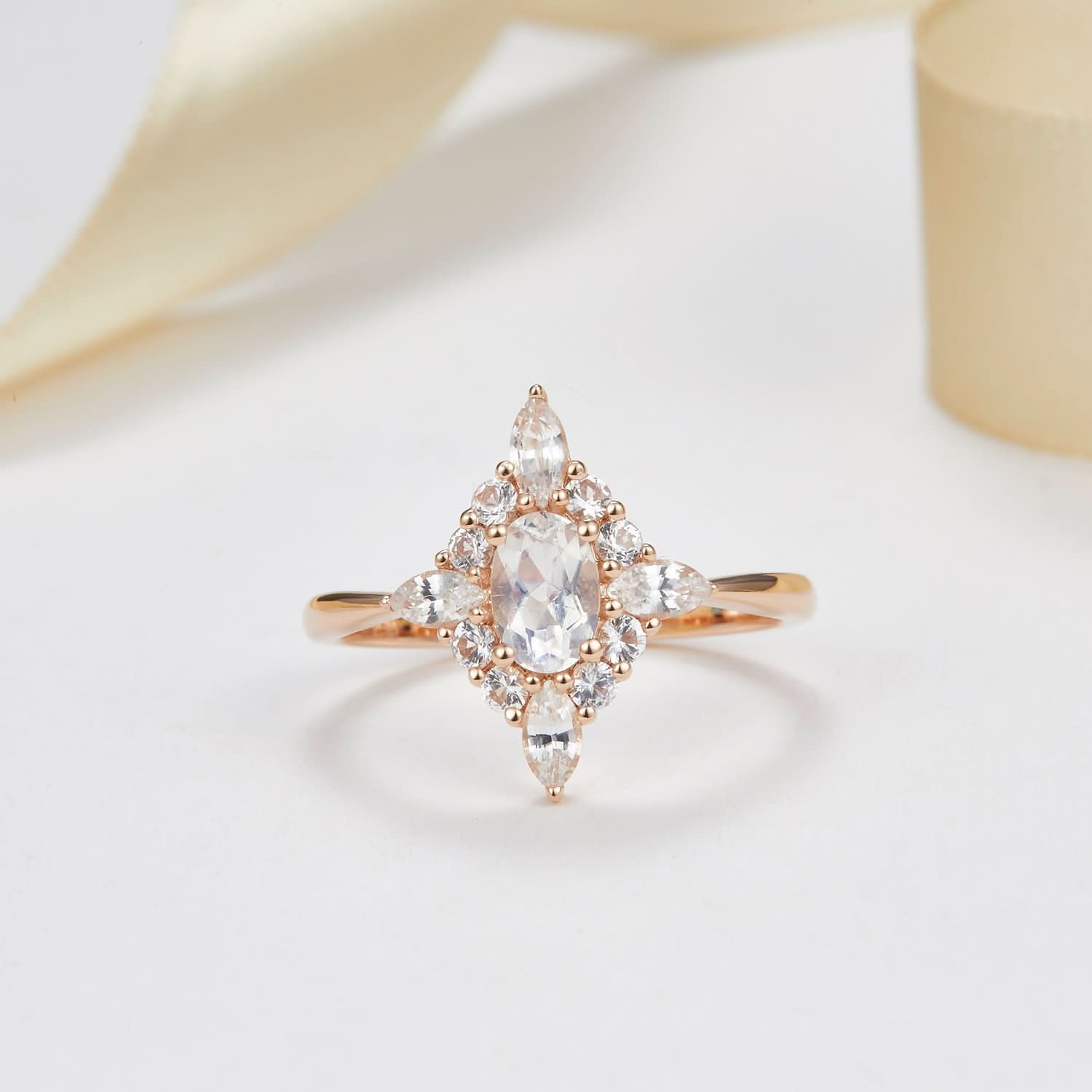 18k Solid Gold Moonstone and White Sapphire Cluster Engagement Ring - Melbourne, Australia