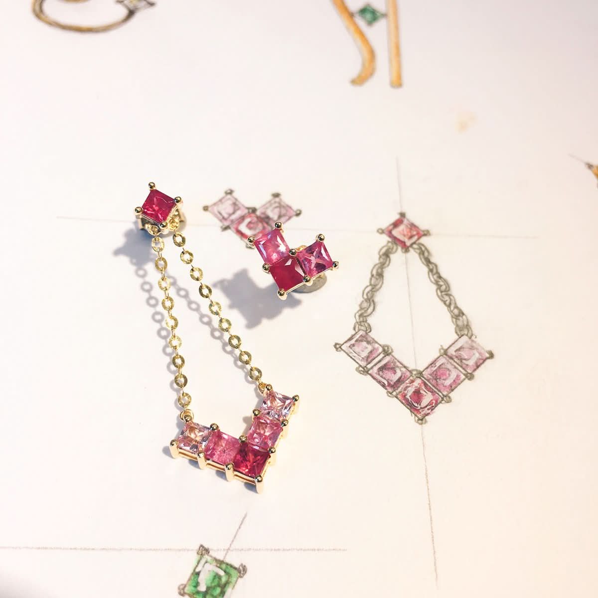 18k Solid Gold Gradient Pink Sapphire Stud and Drop Earrings - Melbourne, Australia