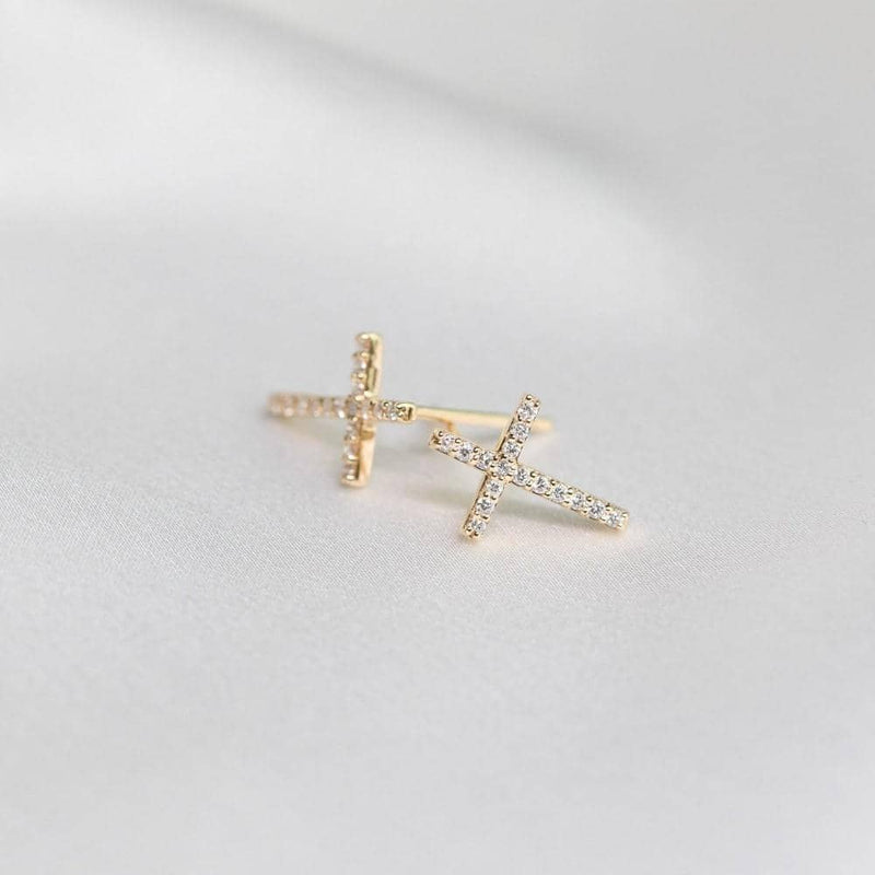 18K Solid Gold Cross Diamond Earrings - Melbourne, Australia