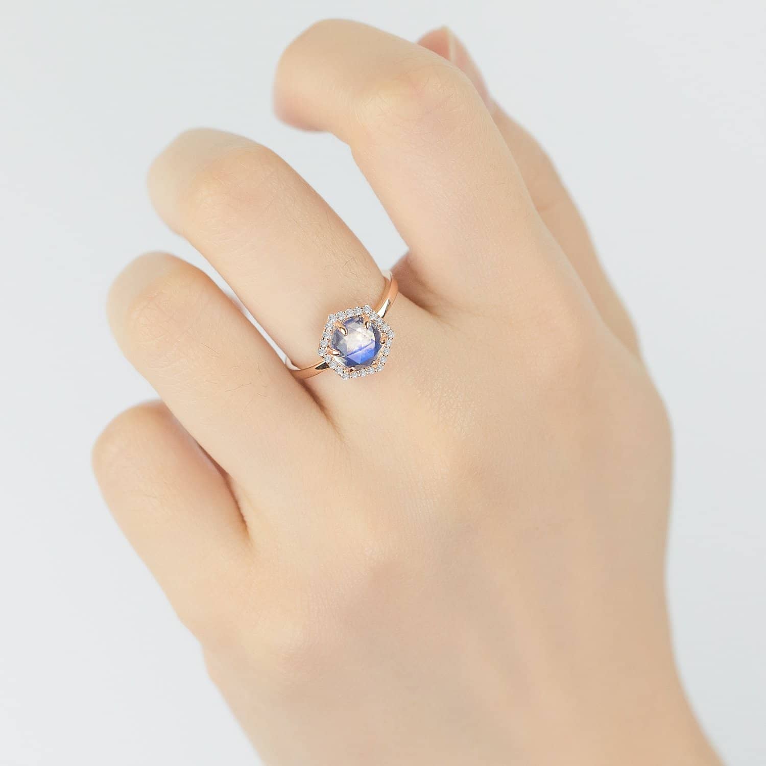 18k Solid Gold Hexagon Moonstone and Diamond Halo Engagement Ring - Melbourne, Australia