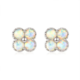 18k Solid Gold Australian White Opal Clover Stud Earrings - Melbourne, Australia