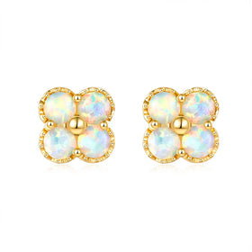 18k Solid Gold Australian White Opal Clover Stud Earrings - Melbourne, Australia