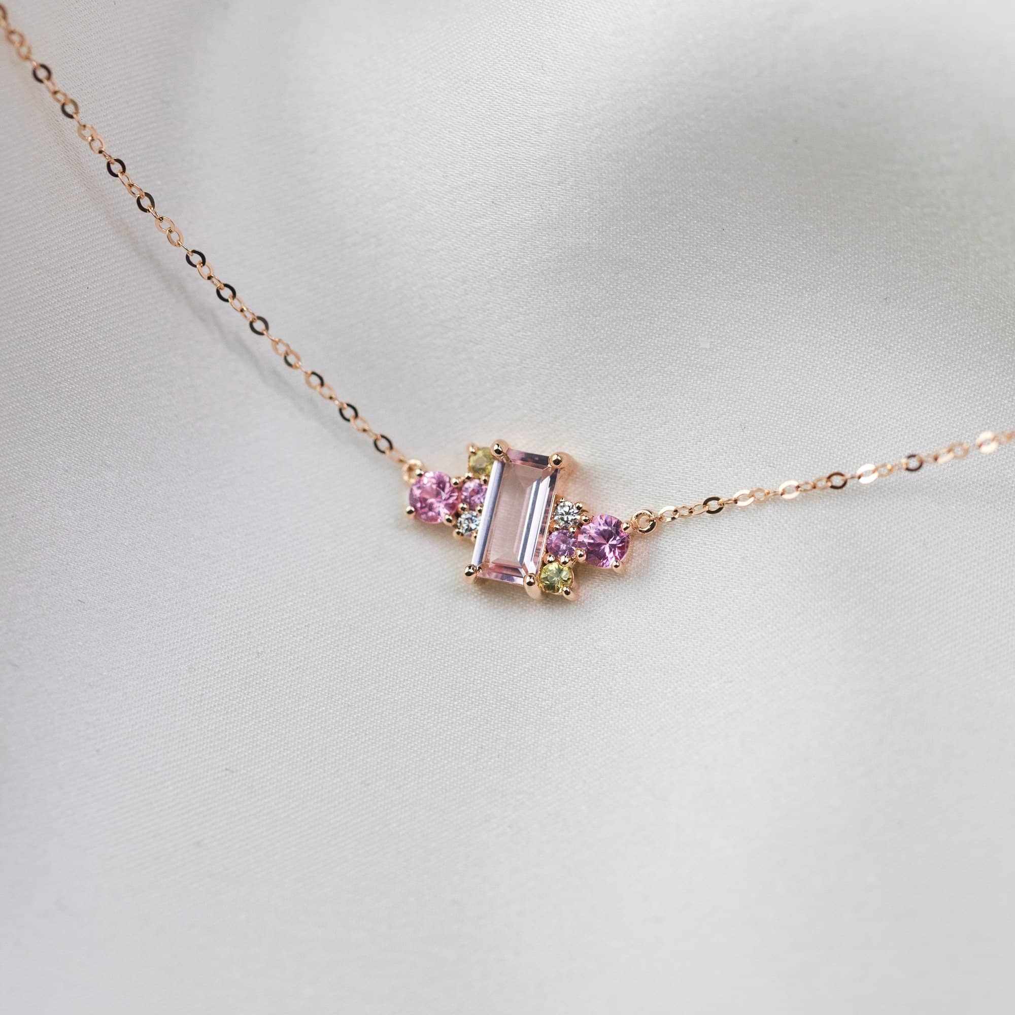 18k Solid Gold Pink Morganite and Sapphires Cluster Necklace - Melbourne, Australia