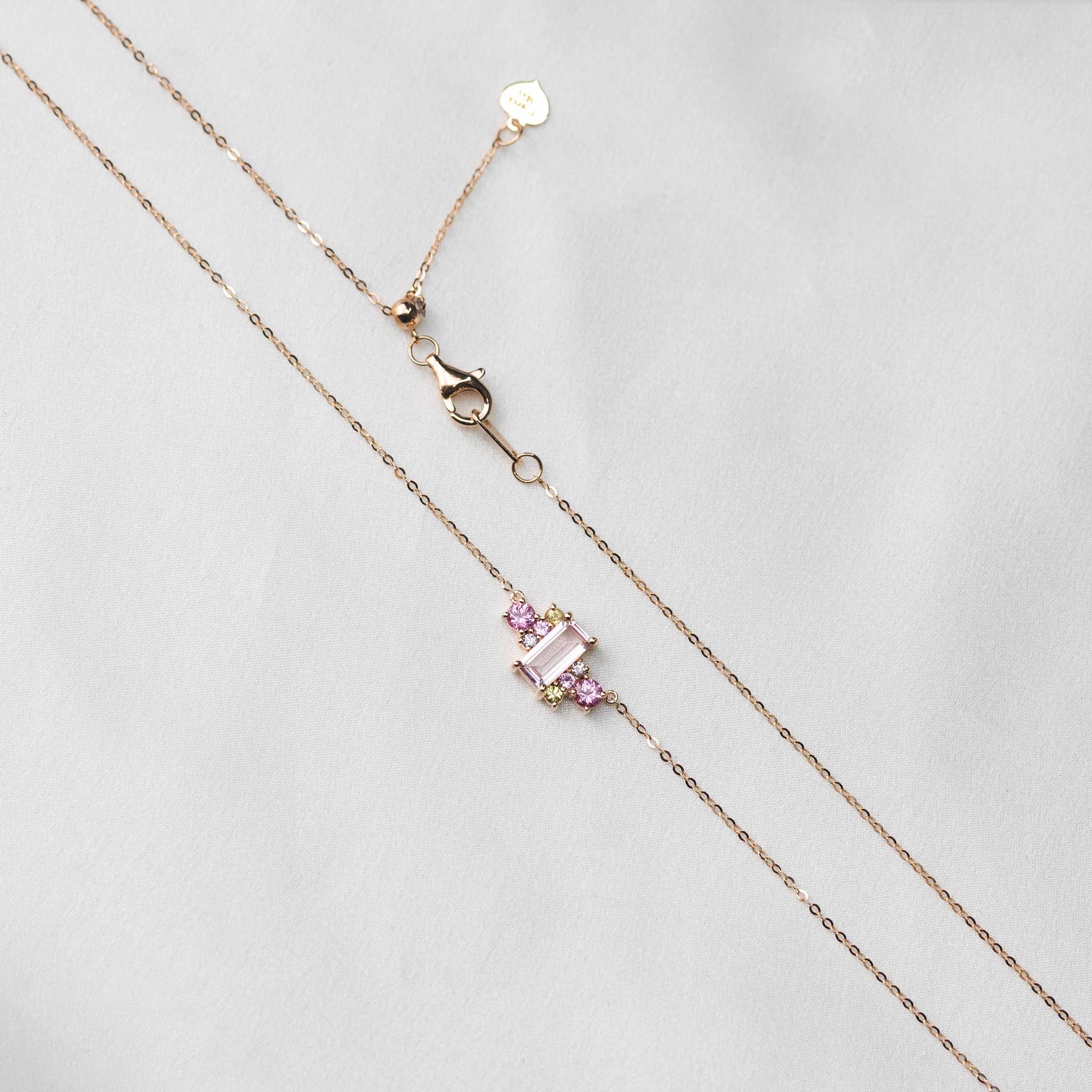 18k Solid Gold Pink Morganite and Sapphires Cluster Necklace - Melbourne, Australia