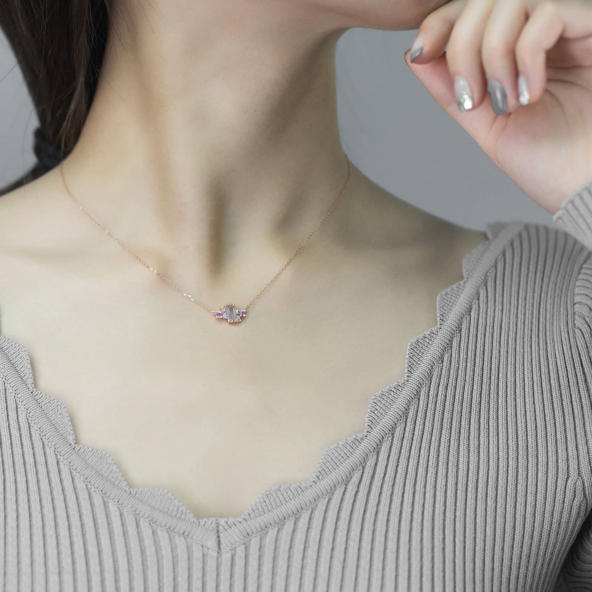 18k Solid Gold Pink Morganite and Sapphires Cluster Necklace - Melbourne, Australia