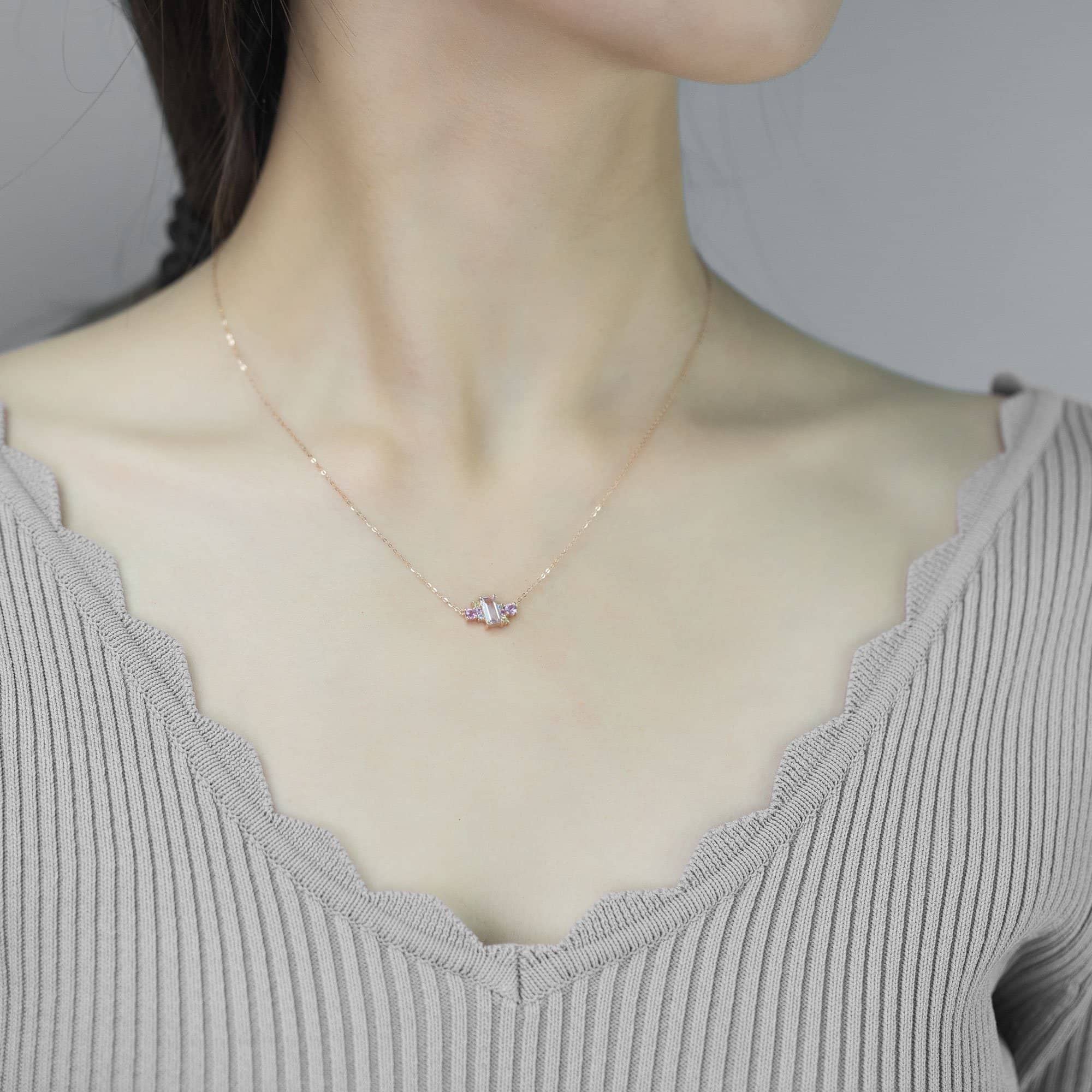 18k Solid Gold Pink Morganite and Sapphires Cluster Necklace - Melbourne, Australia