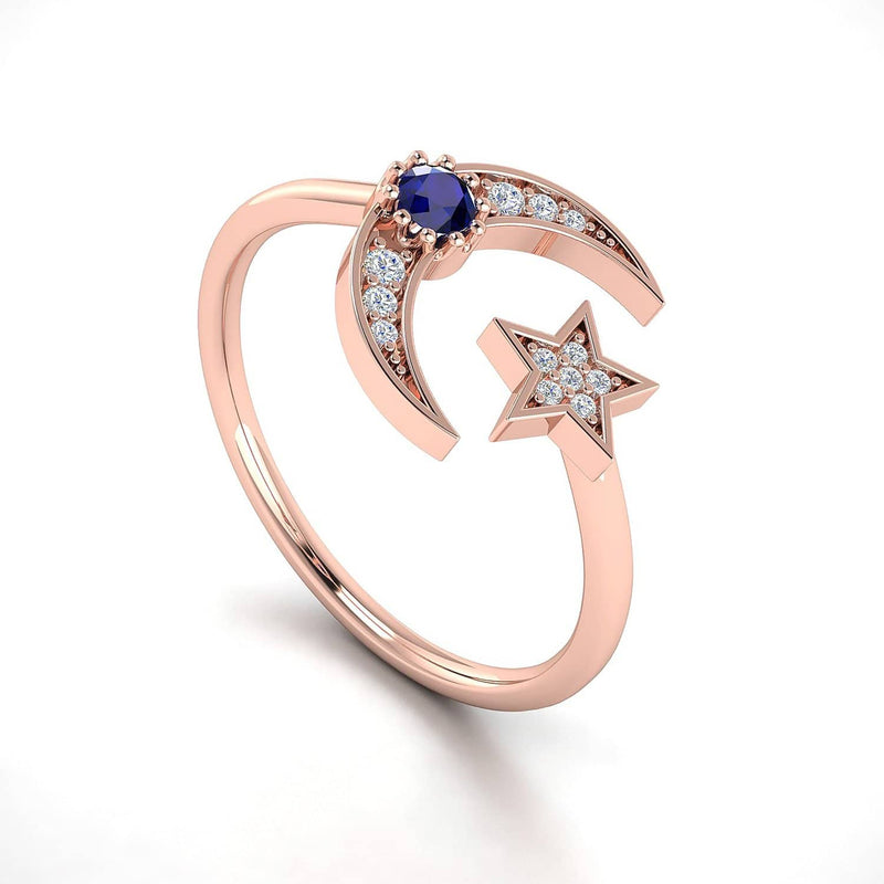 18k Solid Gold Crescent Moon and Star Diamond Ring - Melbourne, Australia