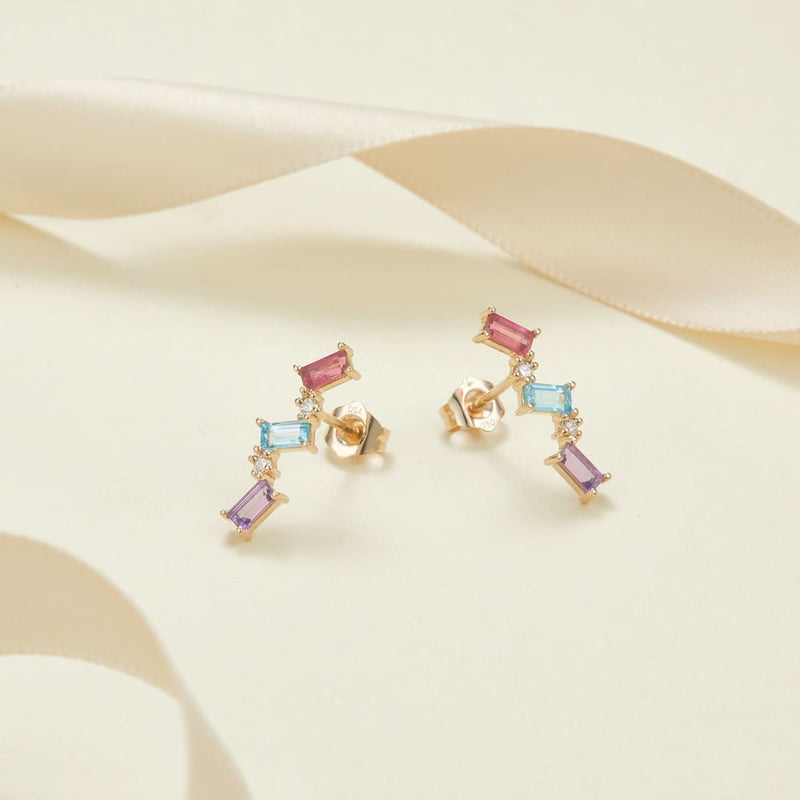 18k Solid Gold Tourmaline and Diamond Stud Earrings