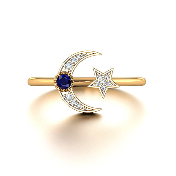 18k Solid Gold Crescent Moon and Star Diamond Ring - Melbourne, Australia