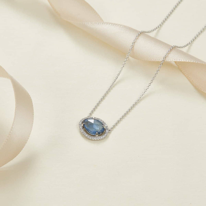 18k Solid Gold Halo Sapphire Diamond Necklace - Melbourne, Australia