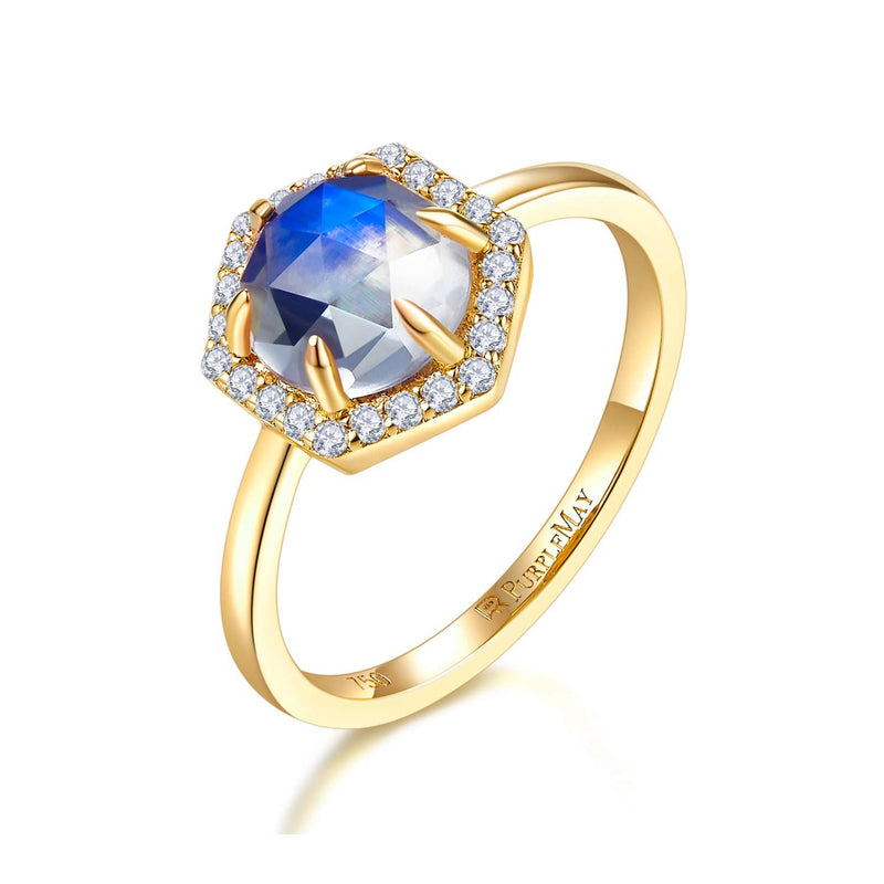 18k Solid Gold Hexagon Moonstone and Diamond Halo Engagement Ring - Melbourne, Australia