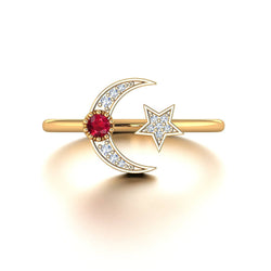 Crescent Moon Diamond Ring in 18k Solid Gold and Star Ruby Ring - Melbourne, Australia