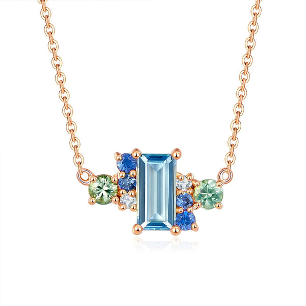 18k Solid Gold Ice Blue Topaz and Sapphires Cluster Necklace - Melbourne, Australia