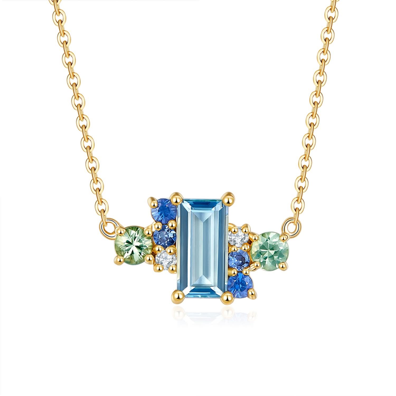 18k Solid Gold Ice Blue Topaz and Sapphires Cluster Necklace - Melbourne, Australia