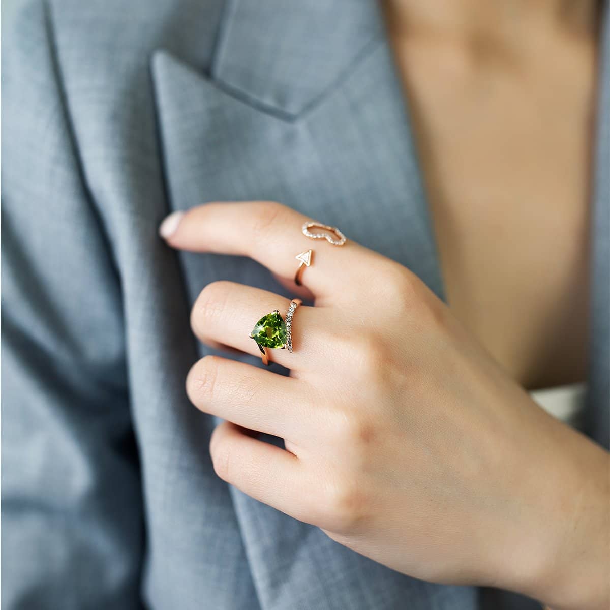 18k Solid Gold Triangle Peridot Diamond Engagement Ring | Rings Melbourne Australia
