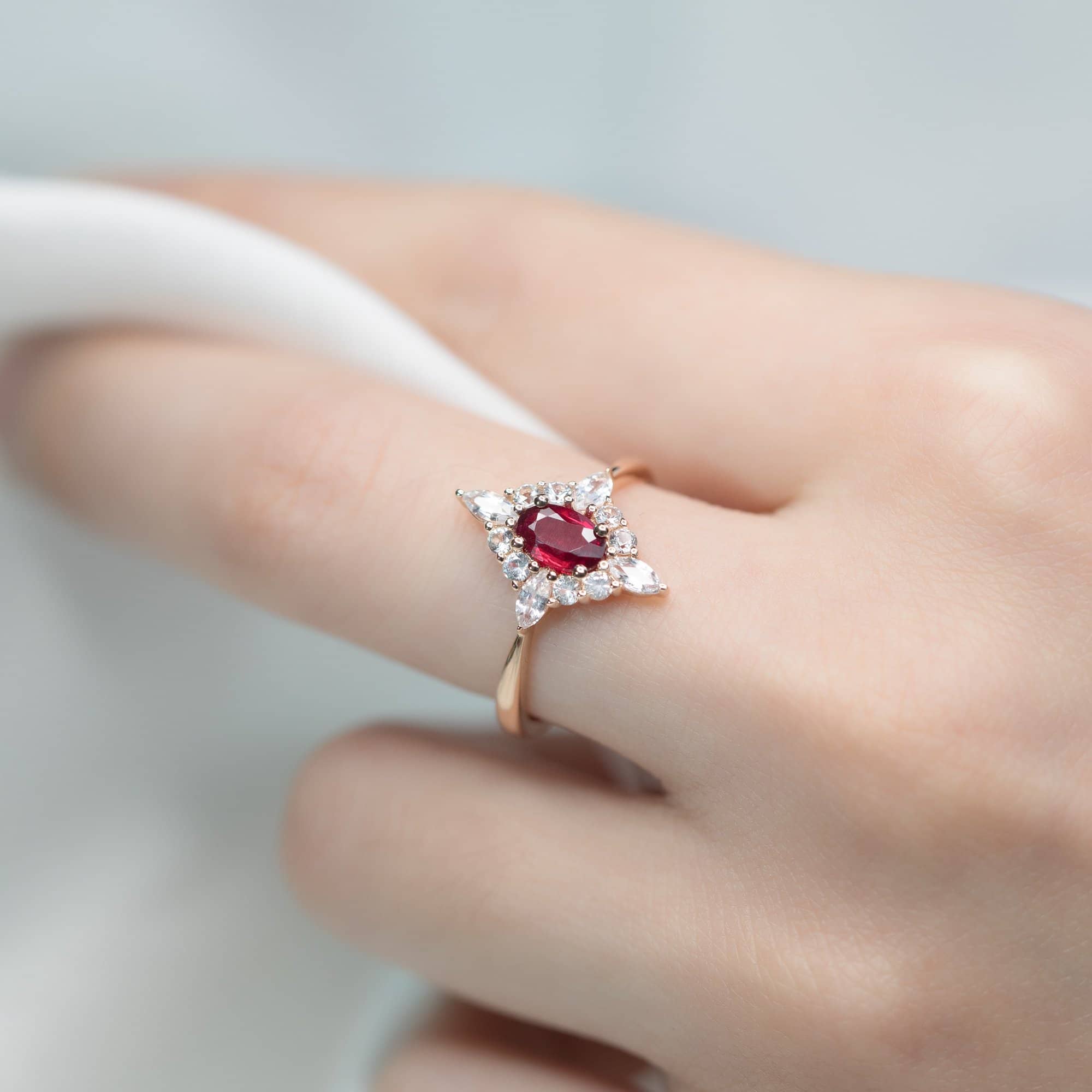 18k Solid Gold Ruby and White Sapphire Cluster Engagement Ring - Melbourne, Australia