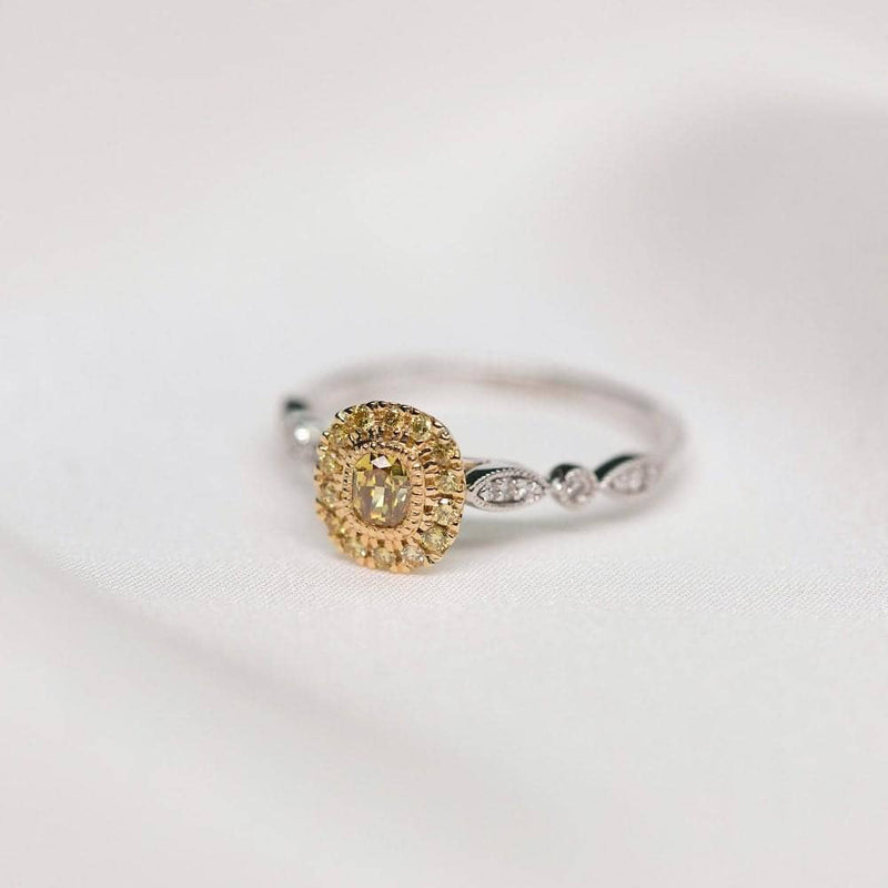 18k Solid Gold Antique Halo Yellow Diamond Engagement Ring - Melbourne, Australia