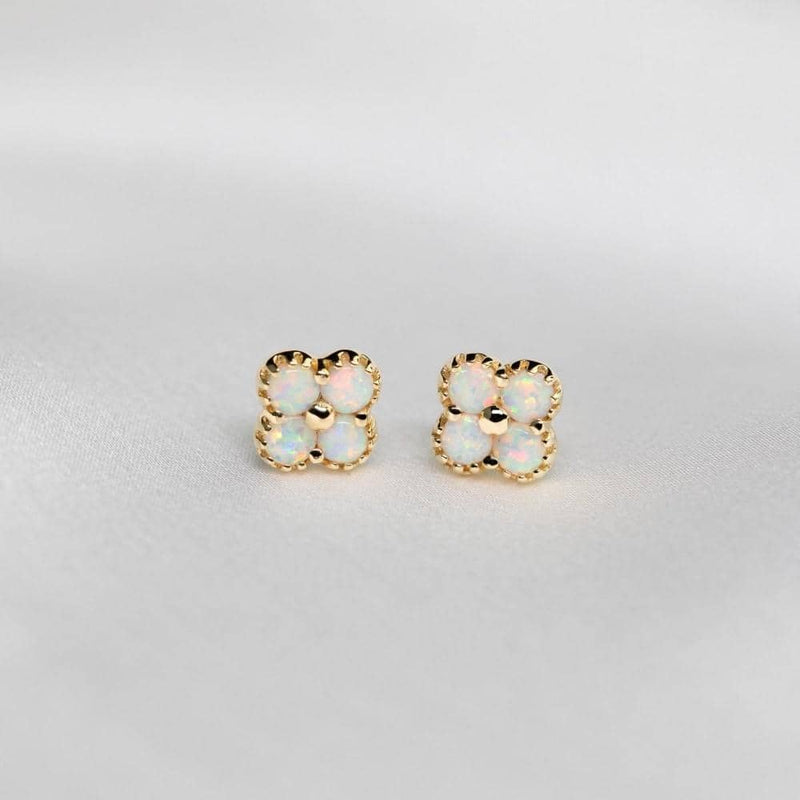 18k Solid Gold Australian White Opal Clover Stud Earrings - Melbourne, Australia