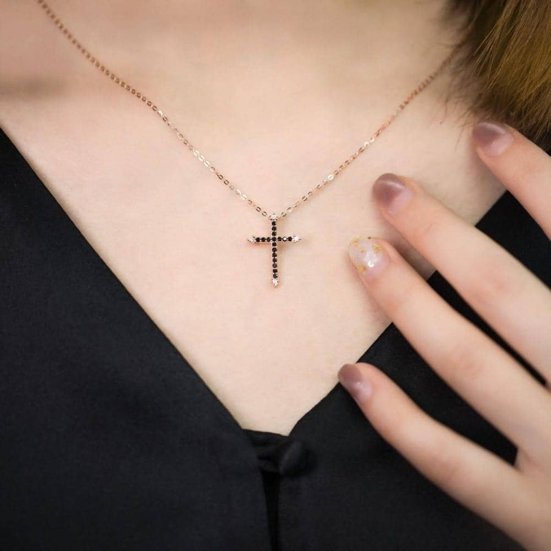 0.62 Carat Black Diamond Cross Necklace, 14K White Gold