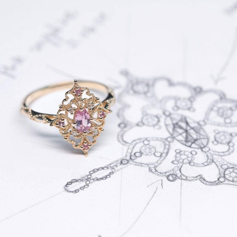 18k Solid Gold Antique Deco Pink Sapphire Diamond Engagement Ring - Melbourne, Australia